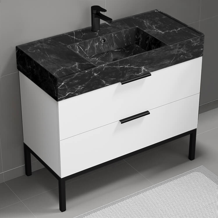 Nameeks DERIN895 Modern Bathroom Vanity With Black Marble Design Sink, 40 Inch, Glossy White